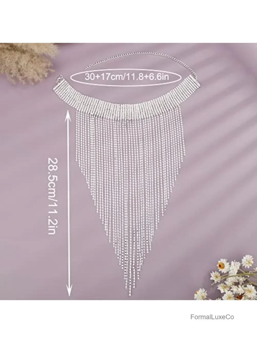 Extra Long Rhinestones Tassel Choker Necklace - Boho Fringe Chain - Wedding